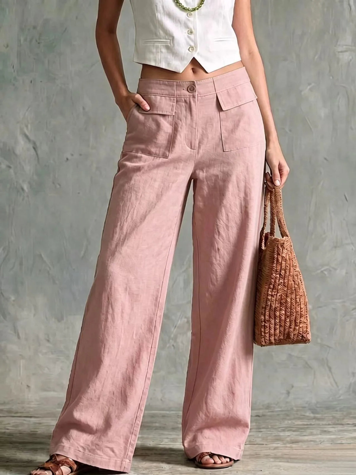 Damen Weite Hose mit Seitentaschen – Leinen-Optik
