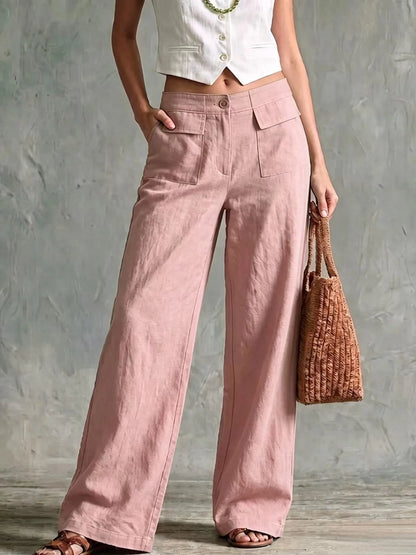 Damen Weite Hose mit Seitentaschen – Leinen-Optik