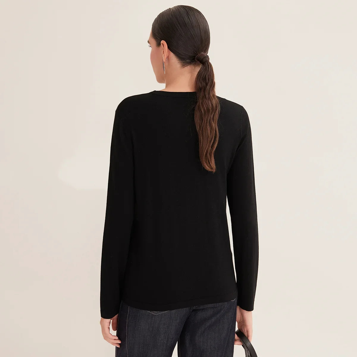 Damen Langarmshirt Rundhals mit Brusttasche Schwarz