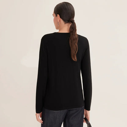 Damen Langarmshirt Rundhals mit Brusttasche Schwarz