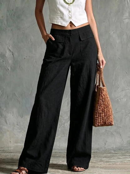 Damen Weite Hose mit Seitentaschen – Leinen-Optik