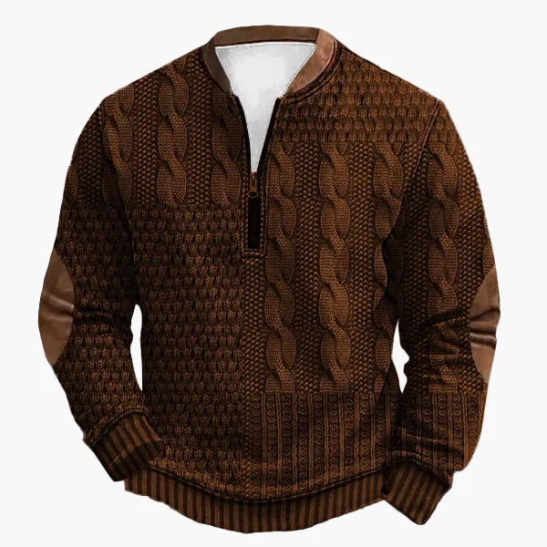 Herren Strickpullover im Vintage-Stil mit Reißverschluss – Modischer Freizeit-Sweater mit Kunstleder-Details