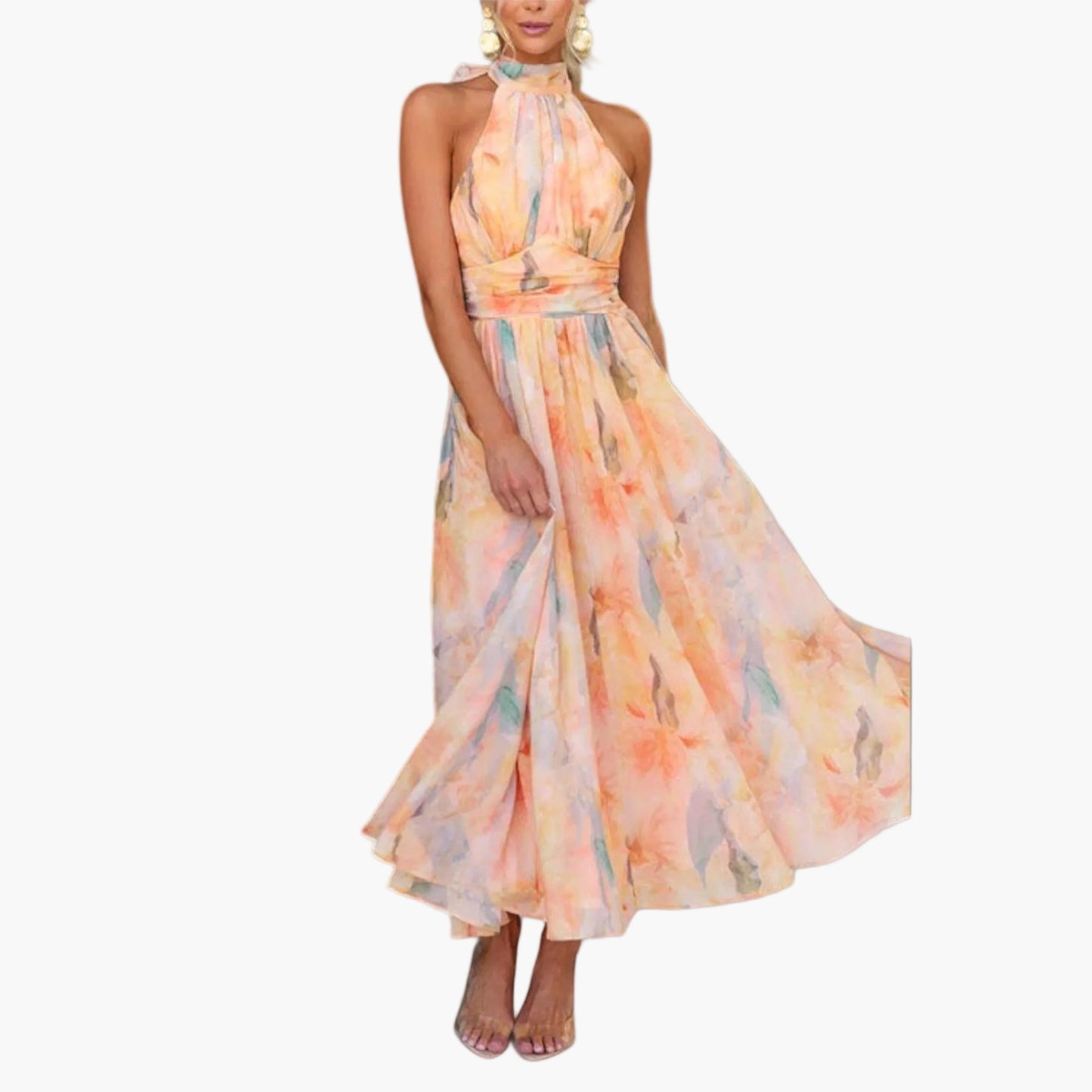 Damen Maxikleid Elegant Wasserfarbenmuster Festlich Sommer Abendmode