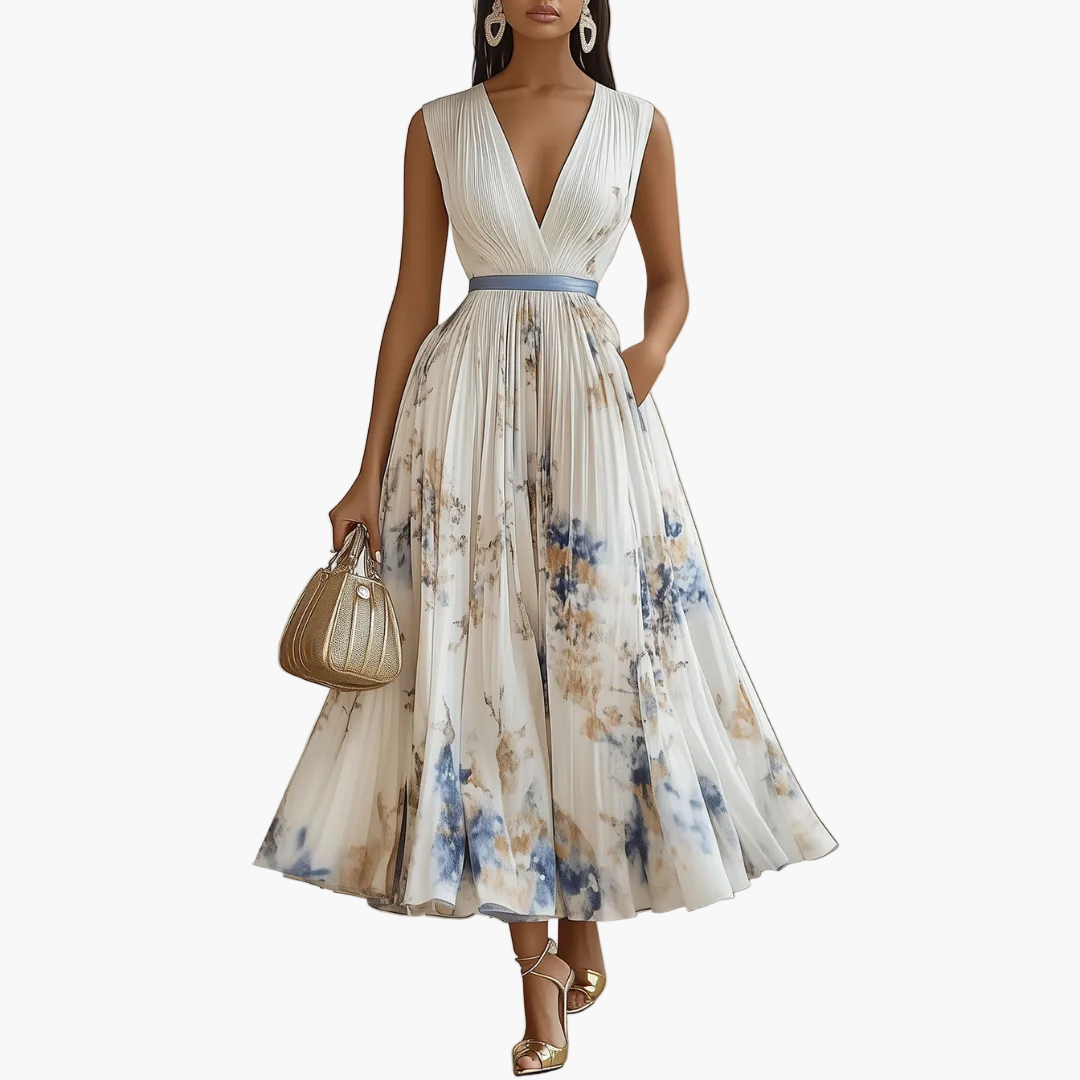 Damen Plissee Abendkleid Elegant Festlich mit Blumenmuster und V-Ausschnitt für besondere Anlässe