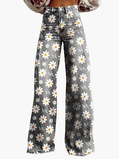 Damen Weite Schlagjeans mit Blumenmuster – Boho Style, Modische Freizeithose