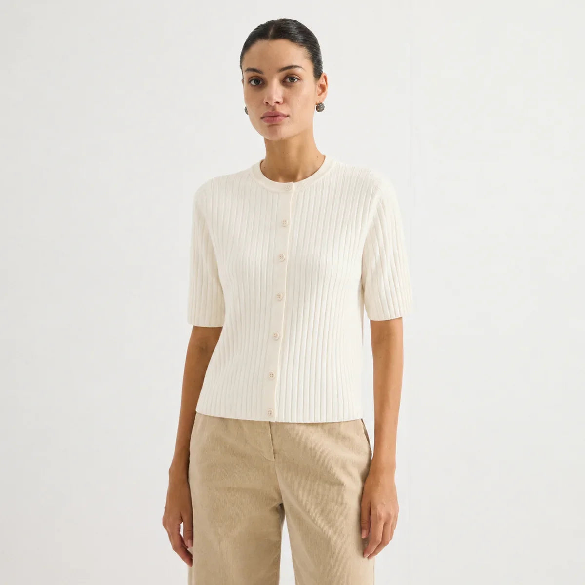 Damen Kurzarm Strickjacke Gerippt mit Knöpfen