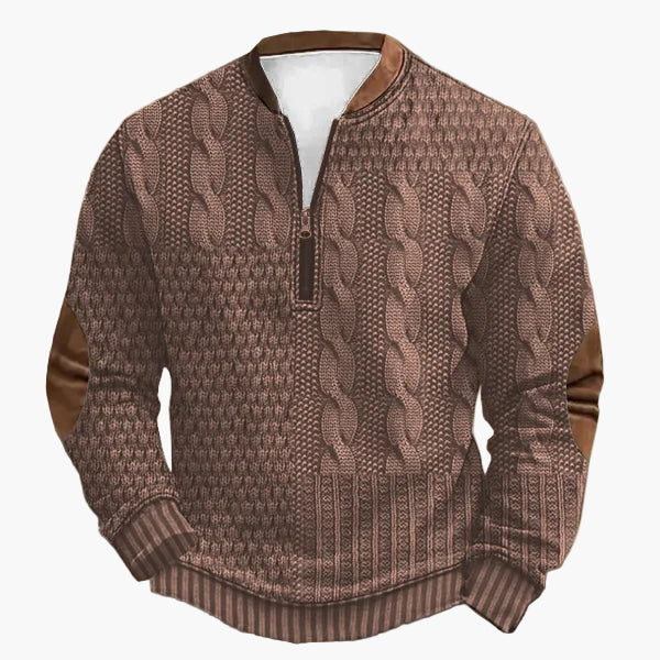 Herren Strickpullover im Vintage-Stil mit Reißverschluss – Modischer Freizeit-Sweater mit Kunstleder-Details