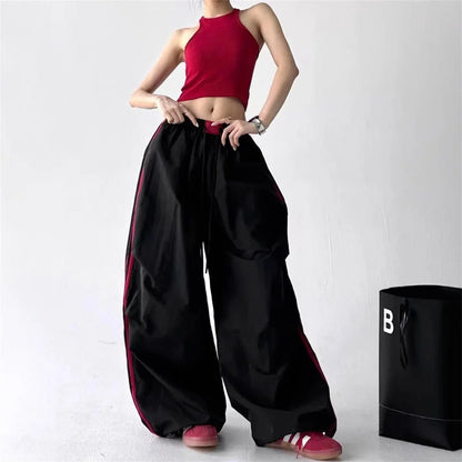 Damen Weite Hose Schwarz mit Seitenstreifen Freizeit Loose Fit