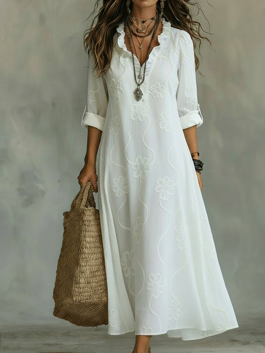 Damen Maxikleid mit Blumenmuster, V-Ausschnitt und gekrempelten Ärmeln