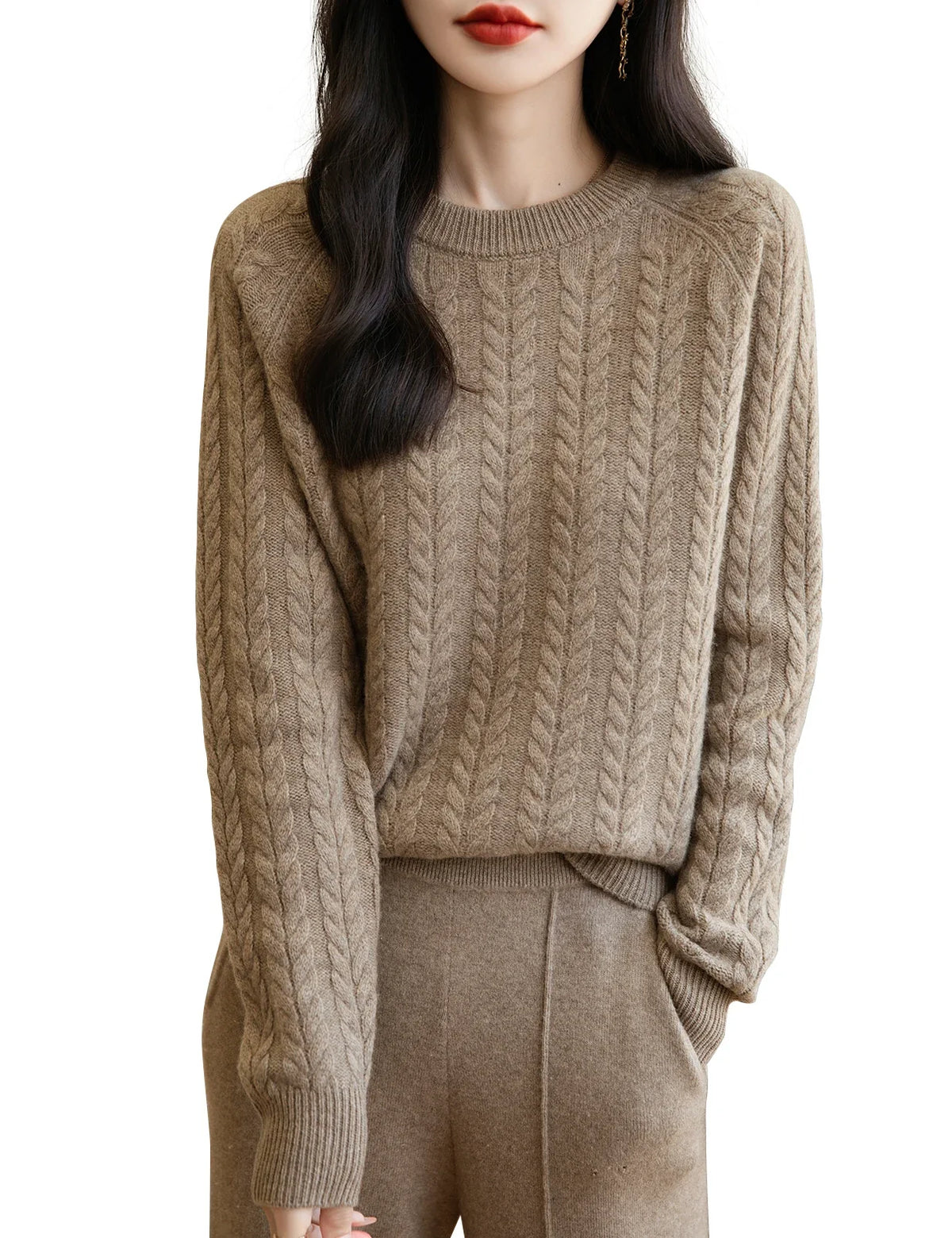 Damen Zopfstrick Pullover Rundhals Langarm Freizeit Strickpullover