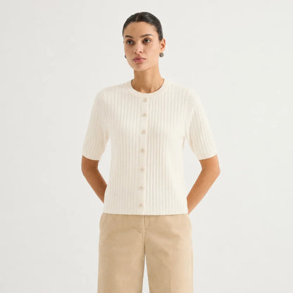 Damen Kurzarm Strickjacke Gerippt mit Knöpfen