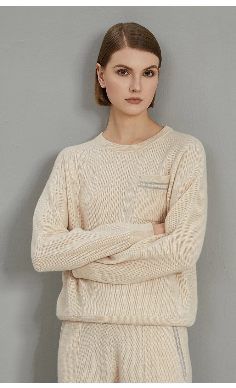 Damen Rundhals Pullover mit Brusttasche & Streifen – Grau