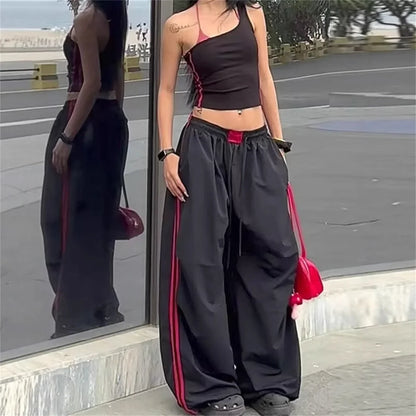 Damen Weite Hose Schwarz mit Seitenstreifen Freizeit Loose Fit