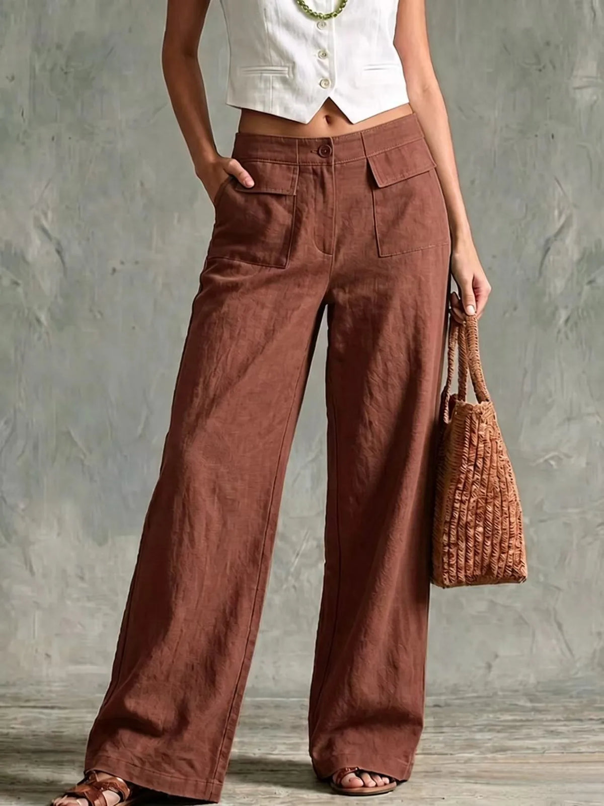 Damen Weite Hose mit Seitentaschen – Leinen-Optik