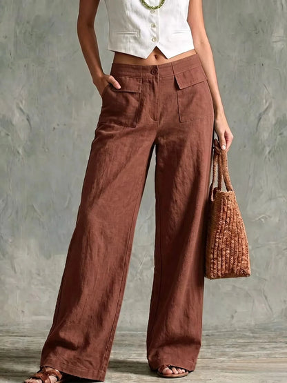 Damen Weite Hose mit Seitentaschen – Leinen-Optik