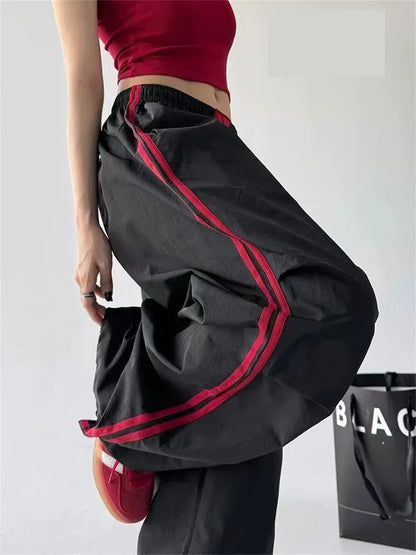 Damen Weite Hose Schwarz mit Seitenstreifen Freizeit Loose Fit