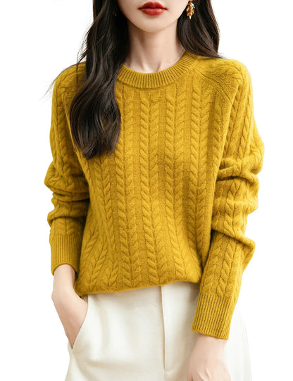 Damen Zopfstrick Pullover Rundhals Langarm Freizeit Strickpullover