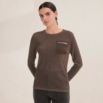 Damen Langarmshirt Rundhals mit Brusttasche Schwarz