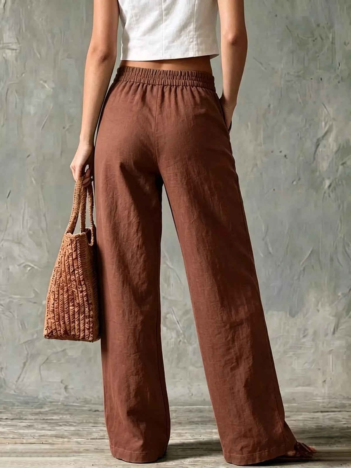 Damen Weite Hose mit Seitentaschen – Leinen-Optik