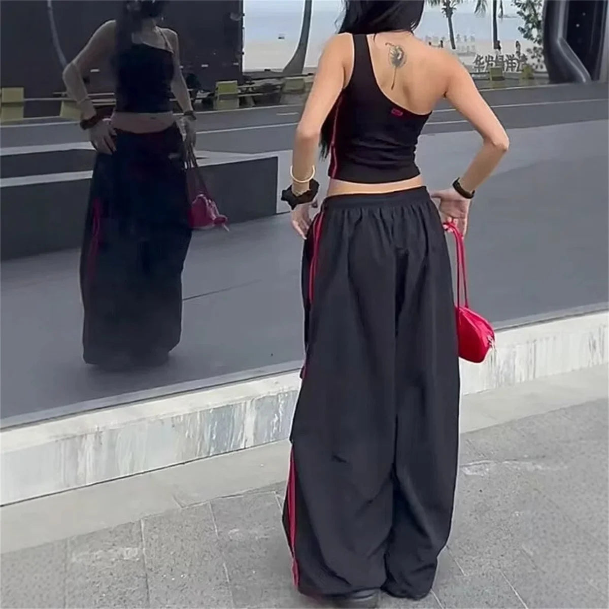 Damen Weite Hose Schwarz mit Seitenstreifen Freizeit Loose Fit