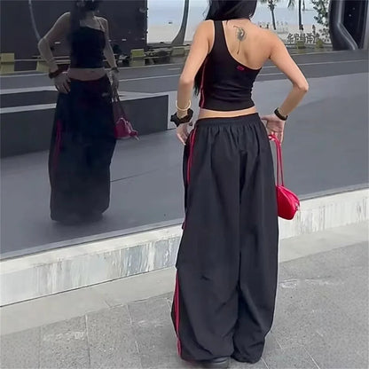 Damen Weite Hose Schwarz mit Seitenstreifen Freizeit Loose Fit