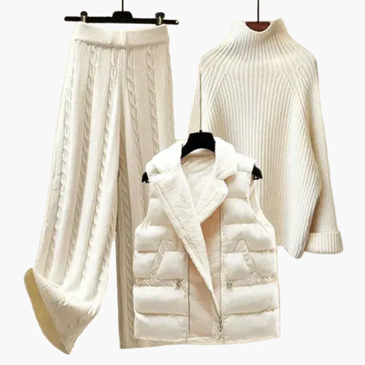 Damen 3-teiliges Winter Outfit Set – Strickpullover, Hose & Steppweste für gemütliche Freizeitlooks