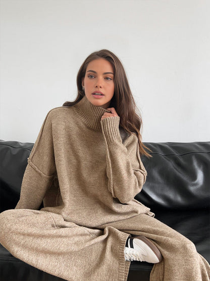 Damen Strick-Set mit Rollkragenpullover und weiter Hose