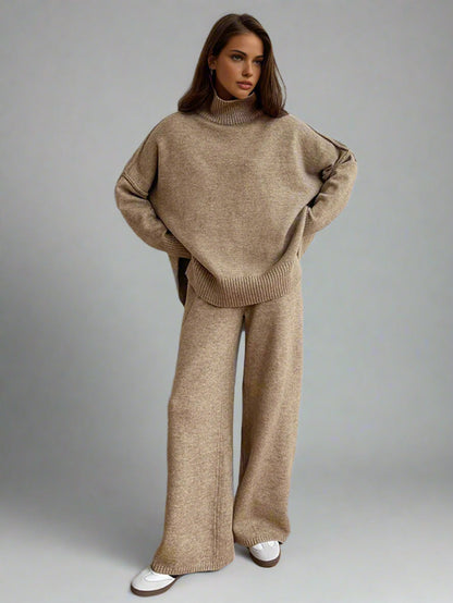 Damen Strick-Set mit Rollkragenpullover und weiter Hose