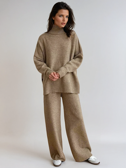 Damen Strick-Set mit Rollkragenpullover und weiter Hose