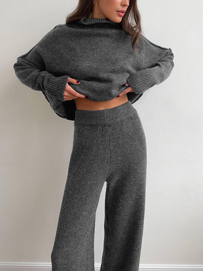 Damen Strick-Set mit Rollkragenpullover und weiter Hose