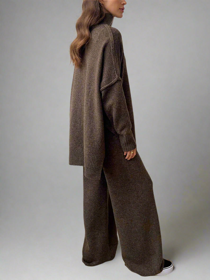 Damen Strick-Set mit Rollkragenpullover und weiter Hose