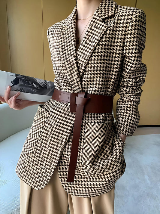 Damen Hahnentritt Blazer Oversize Braun Beige mit Reverskragen