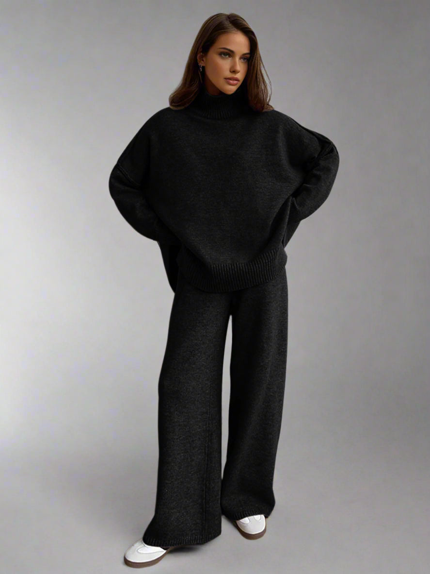 Damen Strick-Set mit Rollkragenpullover und weiter Hose