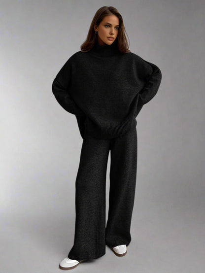 Damen Strick-Set mit Rollkragenpullover und weiter Hose