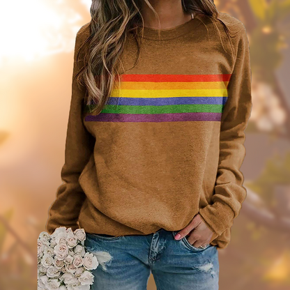 Damen Sweatshirt mit Regenbogenstreifen Rundhals Langarm