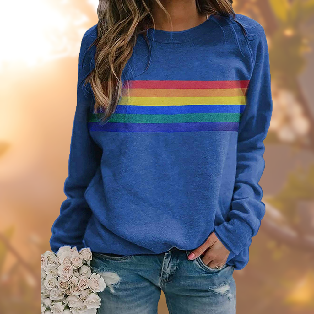 Damen Sweatshirt mit Regenbogenstreifen Rundhals Langarm