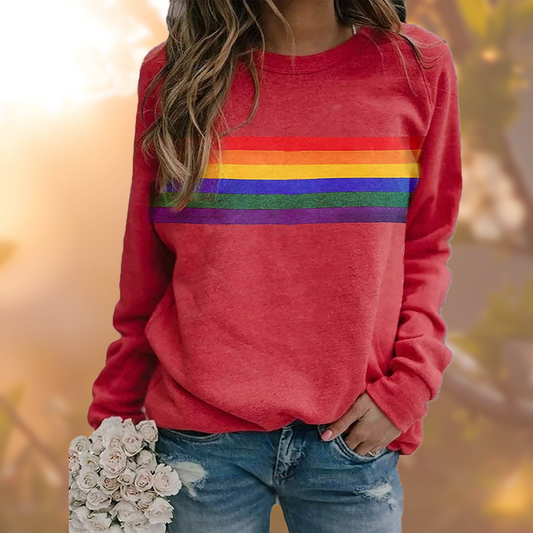 Damen Sweatshirt mit Regenbogenstreifen Rundhals Langarm