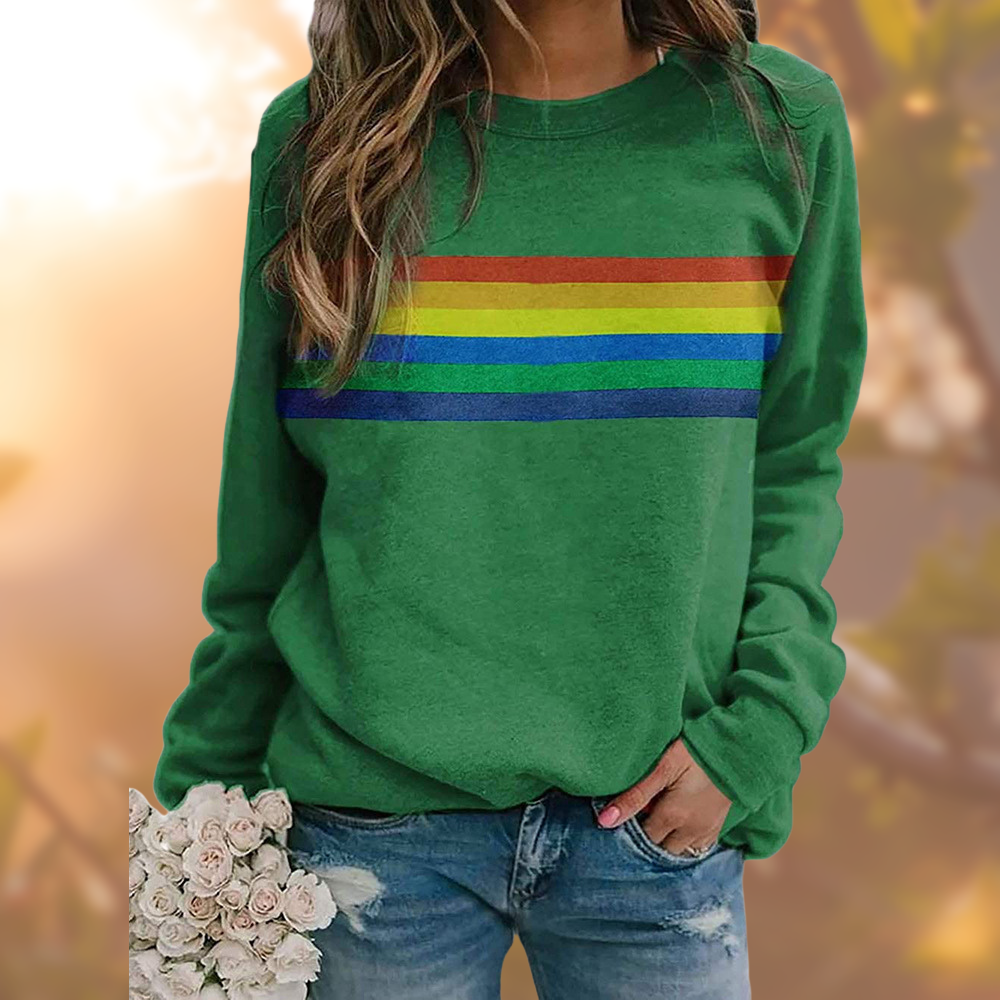 Damen Sweatshirt mit Regenbogenstreifen Rundhals Langarm