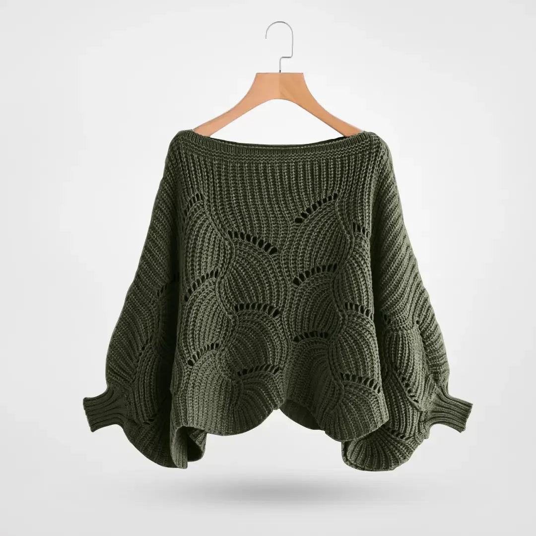 Damen Grobstrick Pullover Lochmuster Weite Ärmel