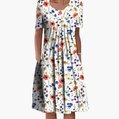 Damen Midikleid Sommer Floral Print – Lockeres Freizeitkleid mit Taschen, ideal für Alltag & Urlaub