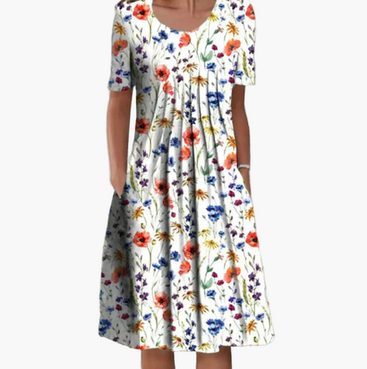 Damen Midikleid Sommer Floral Print – Lockeres Freizeitkleid mit Taschen, ideal für Alltag & Urlaub