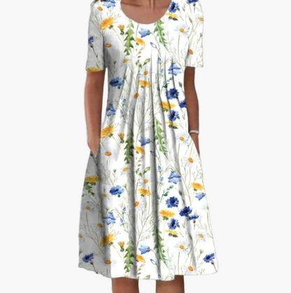 Damen Midikleid Sommer Floral Print – Lockeres Freizeitkleid mit Taschen, ideal für Alltag & Urlaub