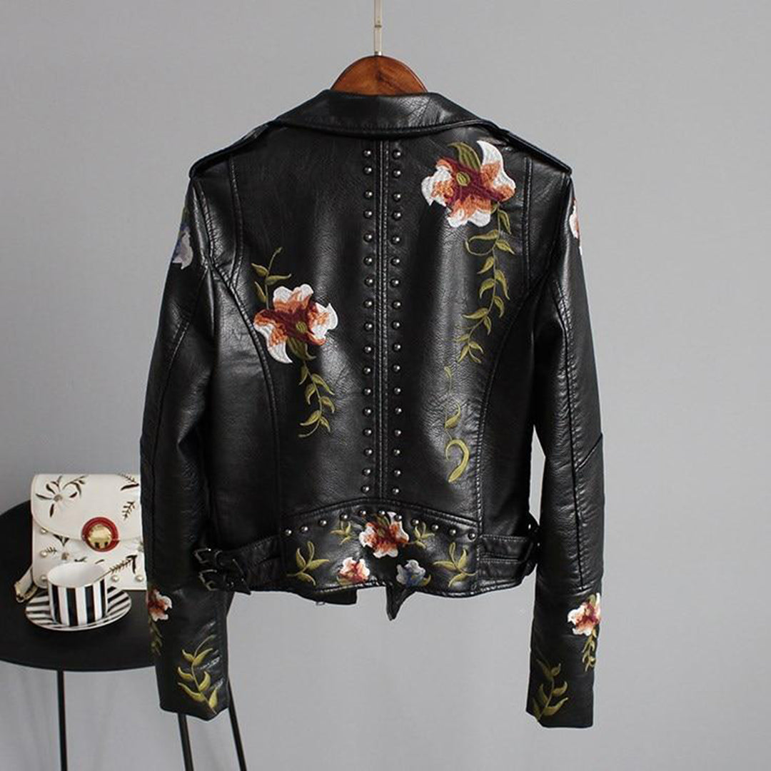 Damen Bikerjacke mit floraler Stickerei – Modisches Statement für Alltag und Abend