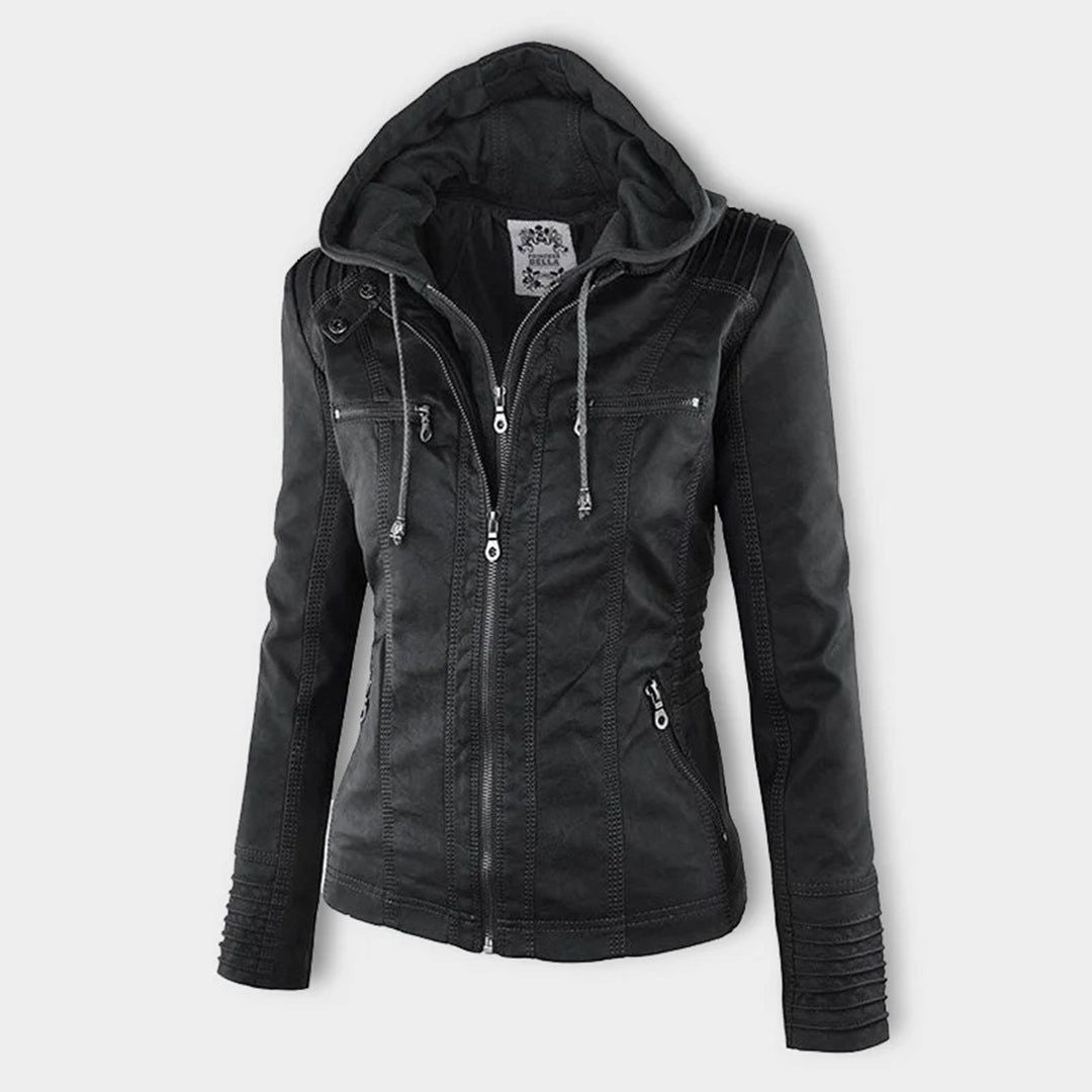 Damen Übergangsjacke mit Kapuze und Reißverschluss im modernen Biker-Stil
