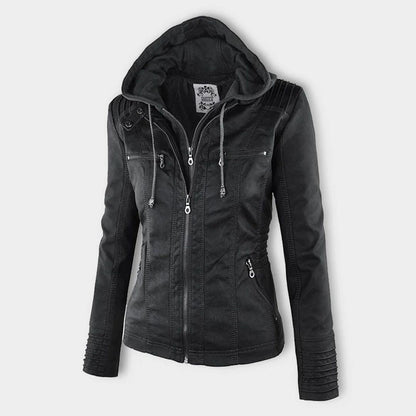 Damen Übergangsjacke mit Kapuze und Reißverschluss im modernen Biker-Stil