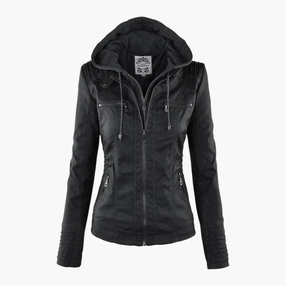 Damen Übergangsjacke mit Kapuze und Reißverschluss im modernen Biker-Stil