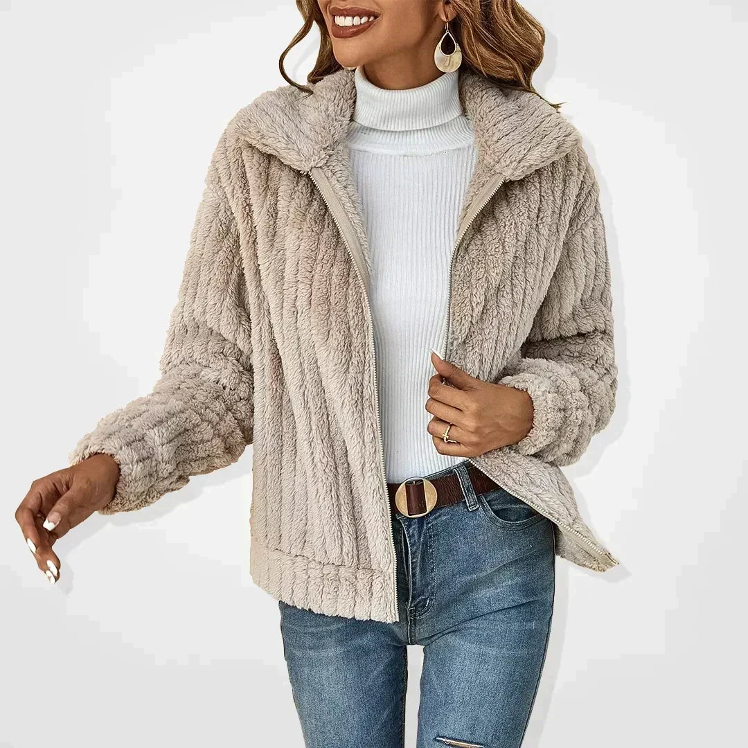 Damen Teddy-Fleece Jacke mit Reißverschluss Kragen
