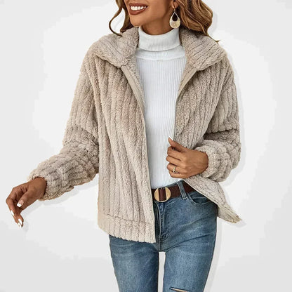 Damen Teddy-Fleece Jacke mit Reißverschluss Kragen