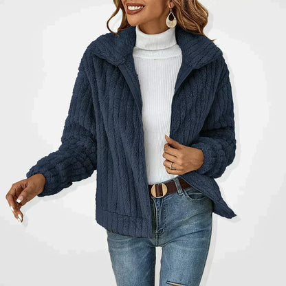 Damen Teddy-Fleece Jacke mit Reißverschluss Kragen