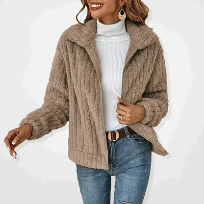 Damen Teddy-Fleece Jacke mit Reißverschluss Kragen